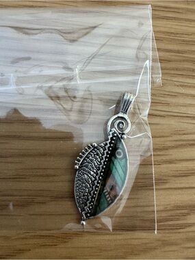 Silver-Tone Abalone Inlay Leaf Pendant - Green Accent